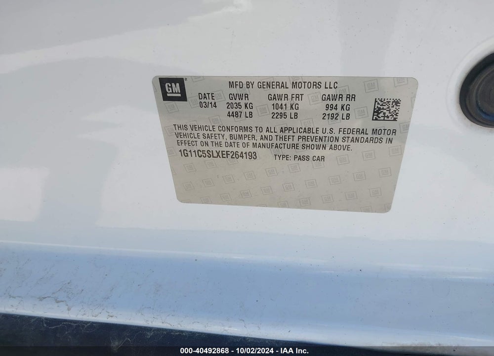 2014 CHEVROLET MALIBU 1LT VIN: 1G11C5SLXEF264193