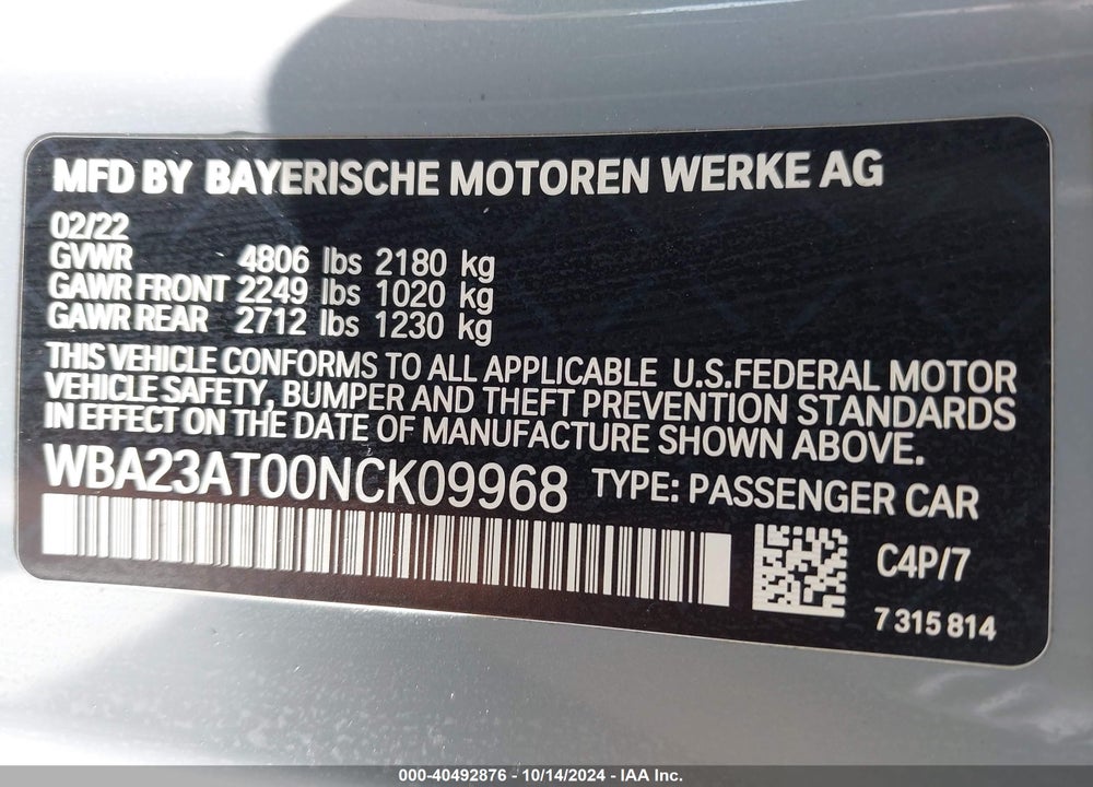 2022 BMW 430I VIN: WBA23AT00NCK09968