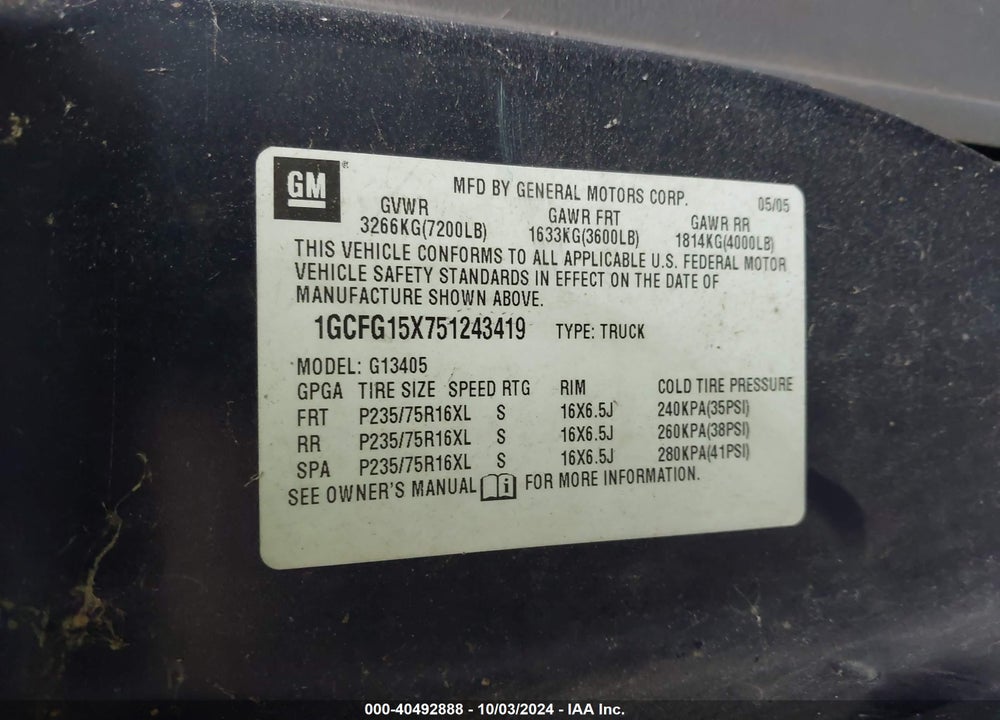 2005 CHEVROLET EXPRESS VIN: 1GCFG15X751243419