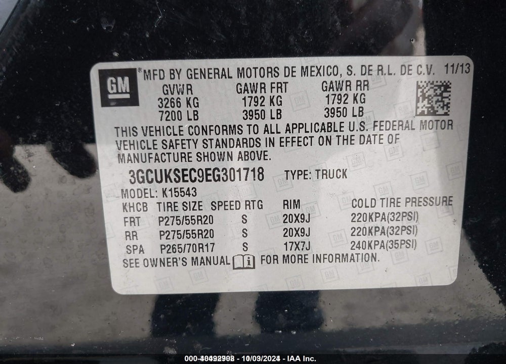 2014 CHEVROLET SILVERADO 1500 2LZ VIN: 3GCUKSEC9EG301718
