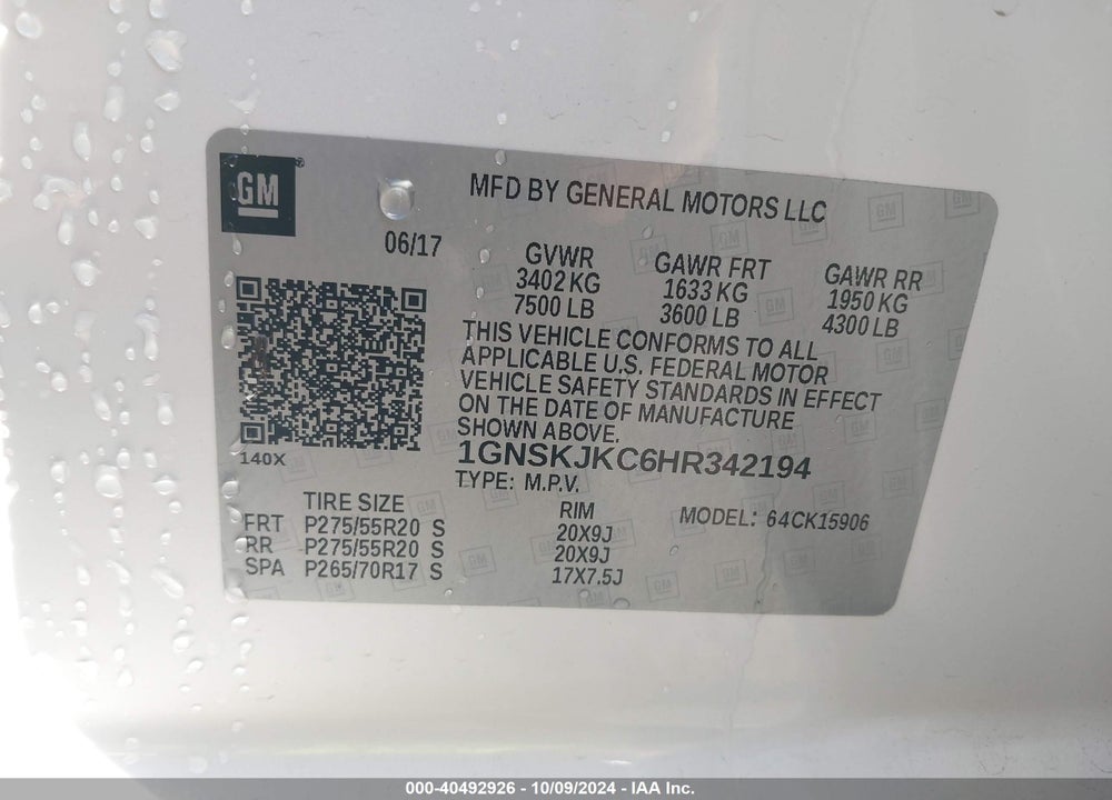 2017 CHEVROLET SUBURBAN PREMIER VIN: 1GNSKJKC6HR342194