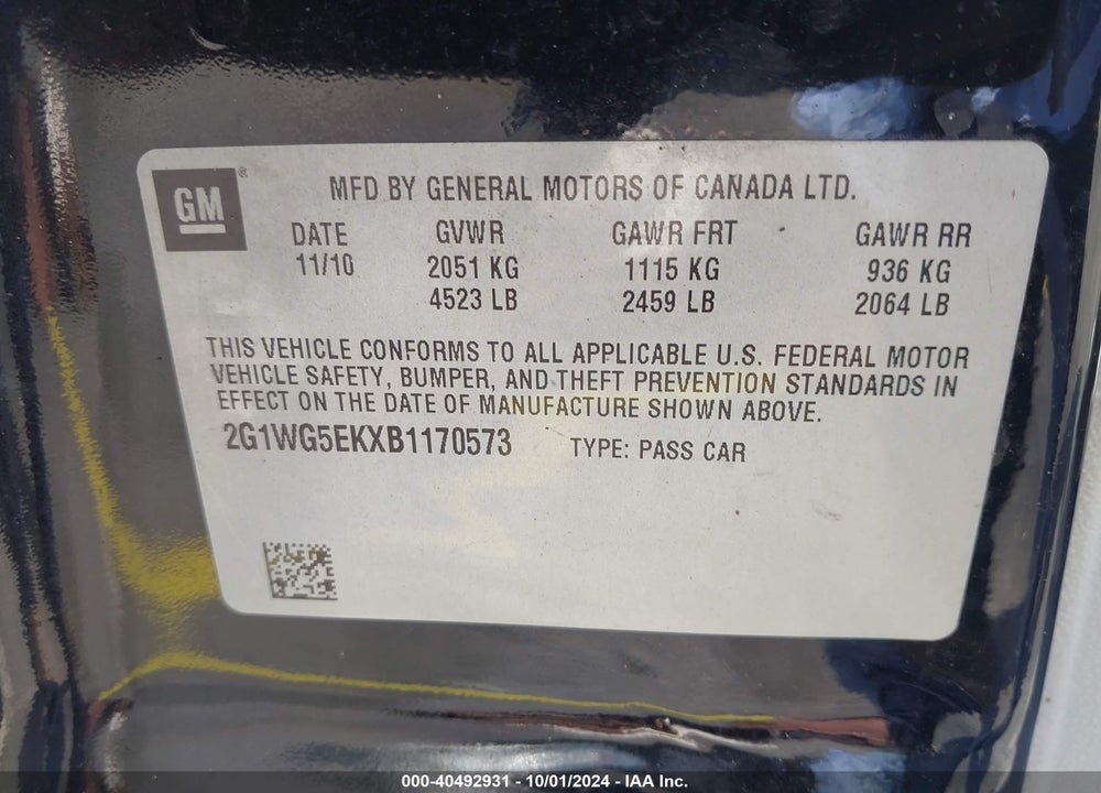 2011 CHEVROLET IMPALA LT VIN: 2G1WG5EKXB1170573