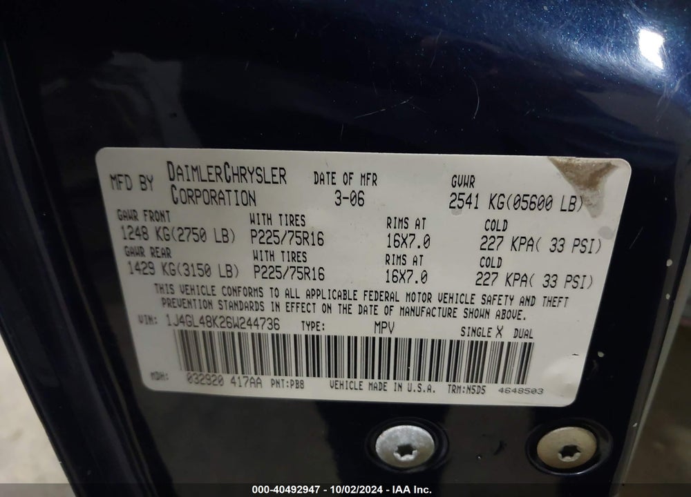 2006 JEEP LIBERTY SPORT VIN: 1J4GL48K26W244736