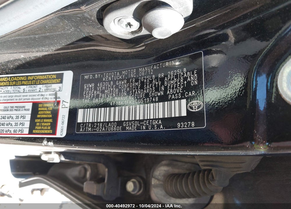 2012 TOYOTA CAMRY XLE V6 VIN: 4T1BK1FK5CU519748