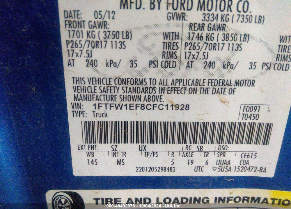2012 FORD F-150 XLT VIN: 1FTFW1EF8CFC11928