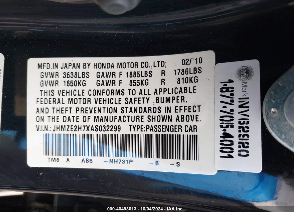 2010 HONDA INSIGHT EX VIN: JHMZE2H7XAS032299