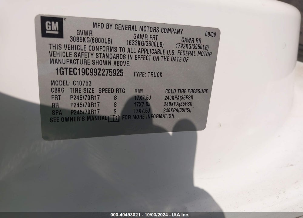 2009 GMC SIERRA 1500 SL VIN: 1GTEC19C99Z275925