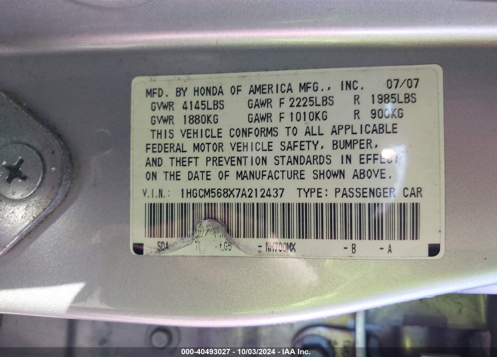 2007 HONDA ACCORD 2.4 EX VIN: 1HGCM568X7A212437