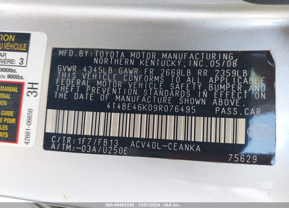 2009 TOYOTA CAMRY LE VIN: 4T4BE46K09R076495