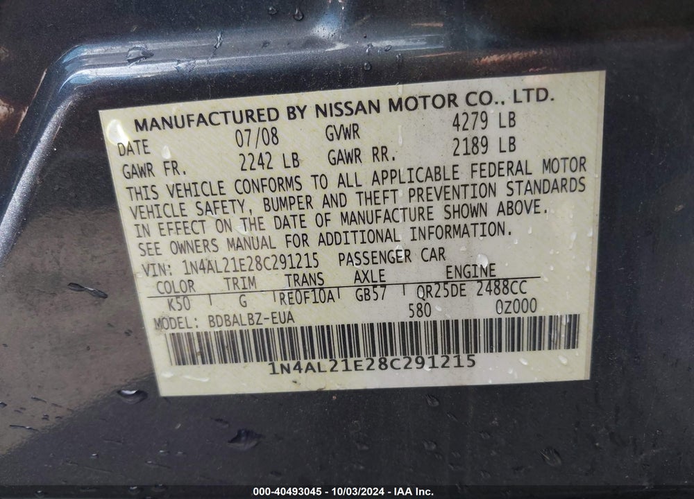 2008 NISSAN ALTIMA 2.5 S VIN: 1N4AL21E28C291215