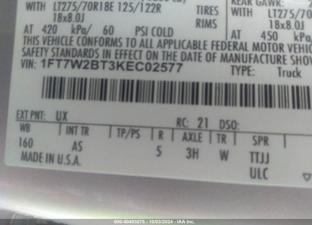 2019 FORD F-250 XL VIN: 1FT7W2BT3KEC02577
