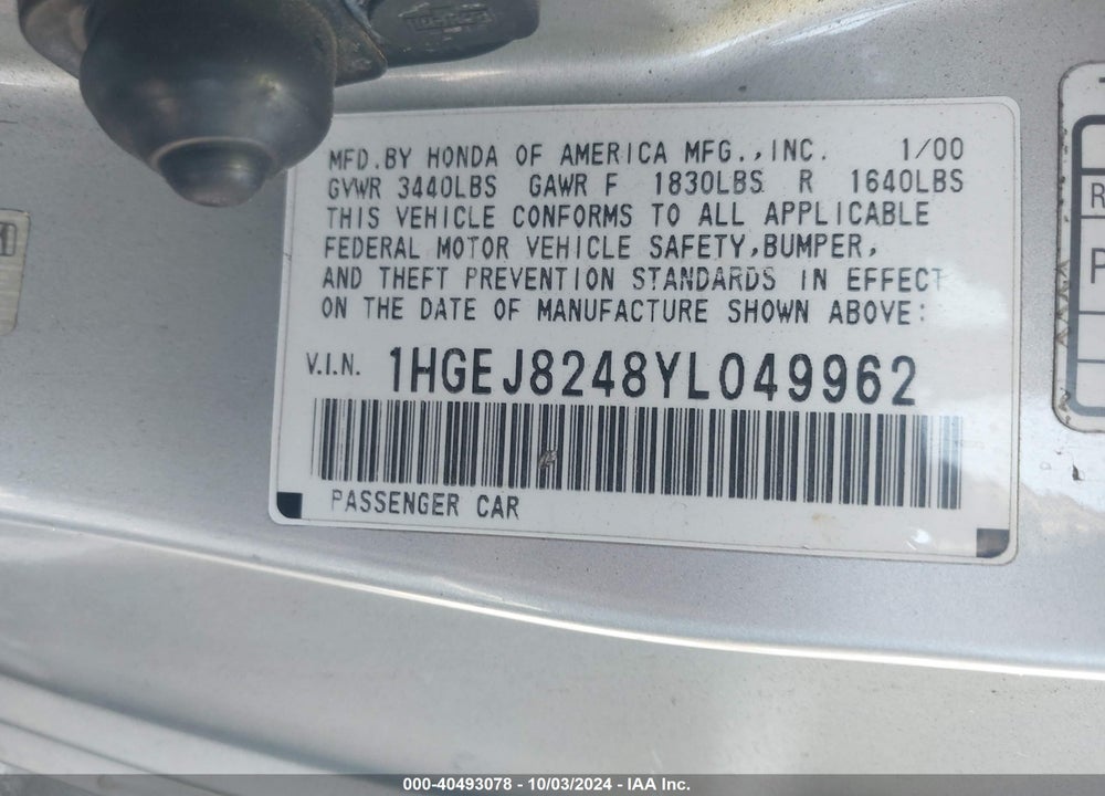 2000 HONDA CIVIC EX VIN: 1HGEJ8248YL049962