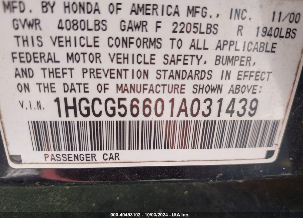 2001 HONDA ACCORD 2.3 EX VIN: 1HGCG56601A031439