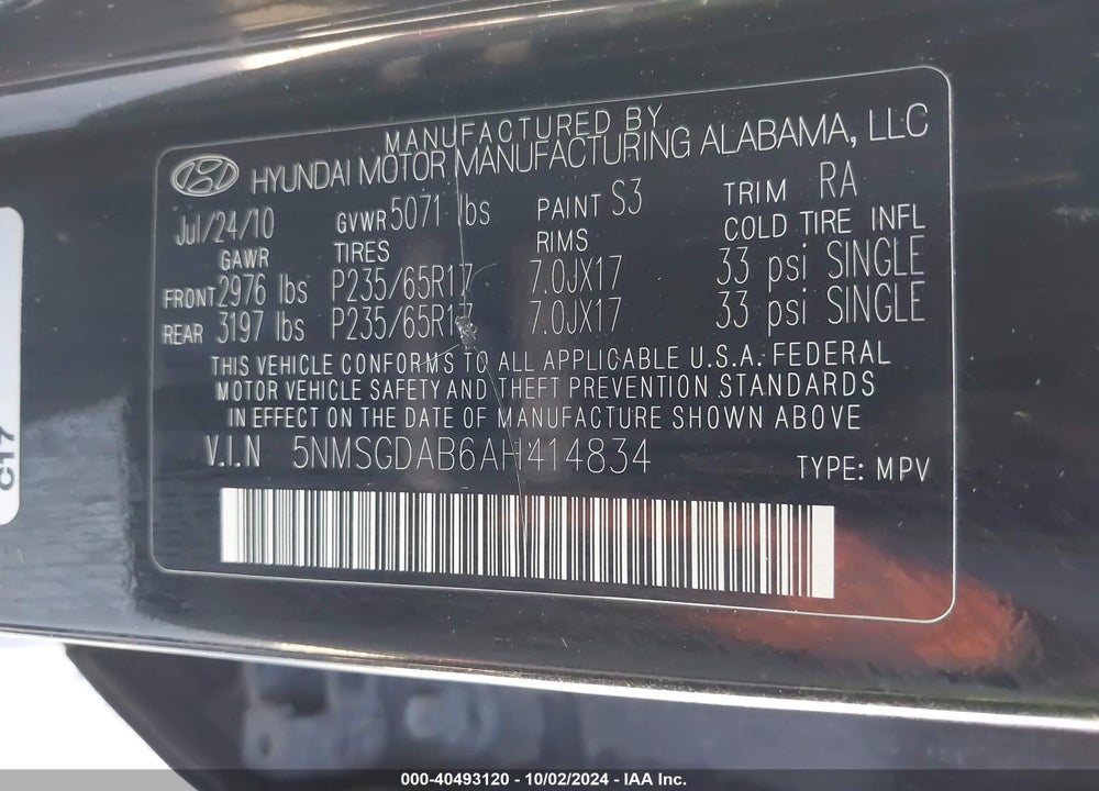 2010 HYUNDAI SANTA FE GLS VIN: 5NMSGDAB6AH414834