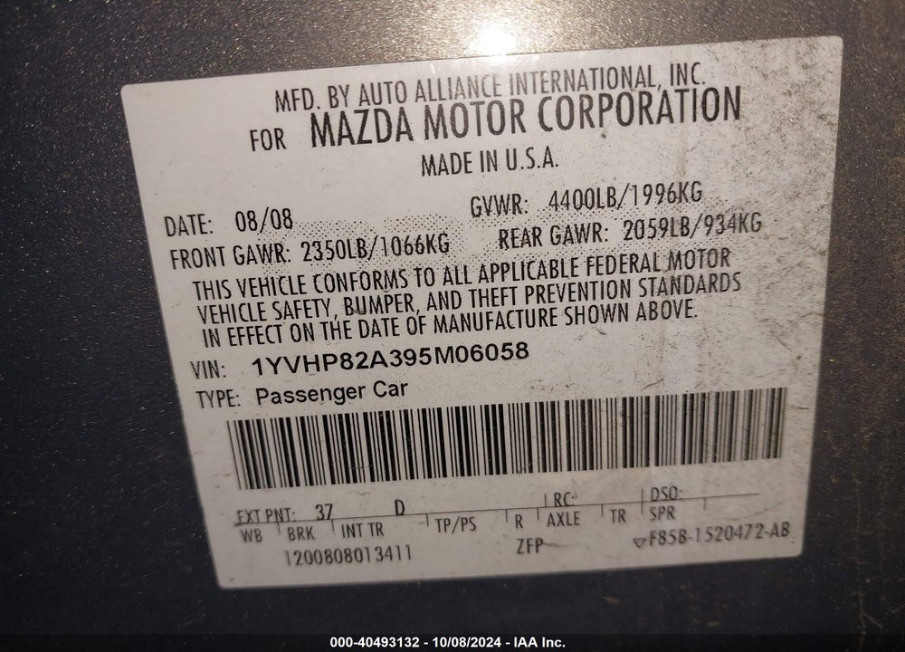 2009 MAZDA 6 I TOURING VIN: 1YVHP82A395M06058