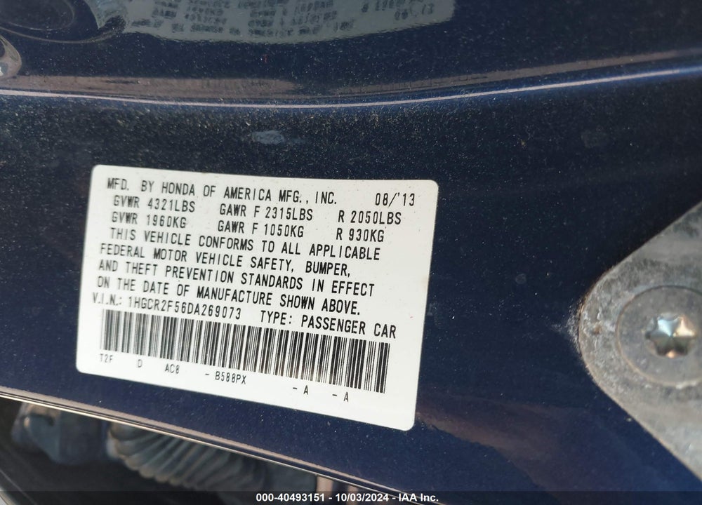 2013 HONDA ACCORD VIN: 1HGCR2F56DA269073