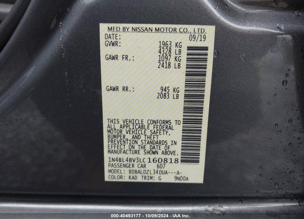 2020 NISSAN ALTIMA S FWD VIN: 1N4BL4BV3LC160818