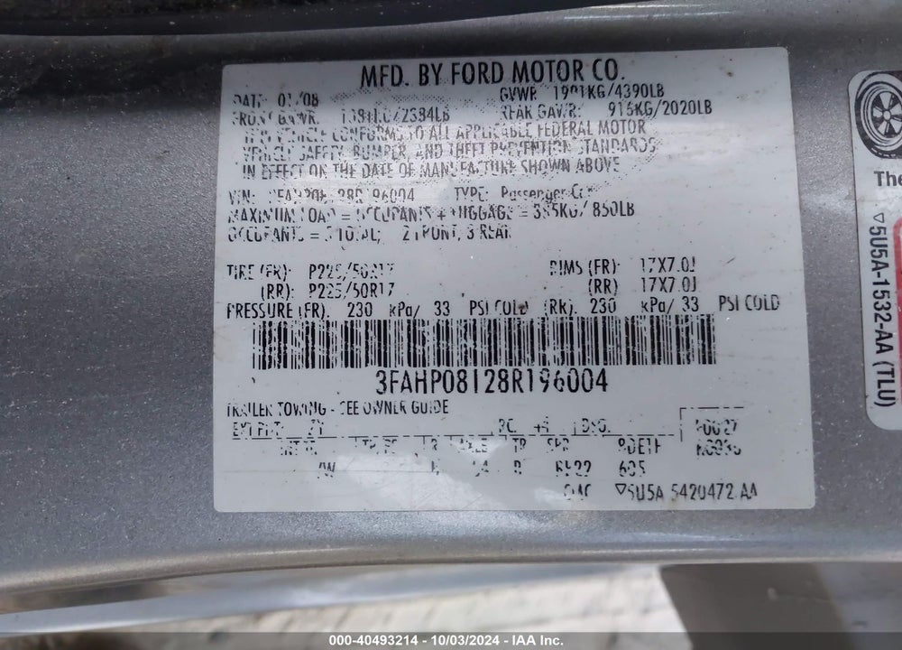 2008 FORD FUSION SEL VIN: 3FAHP08128R196004