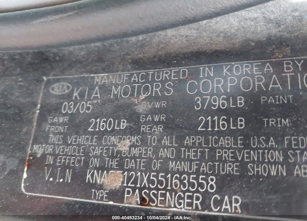2005 KIA SPECTRA EX/LX/SX VIN: KNAFE121X55163558