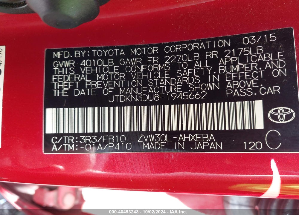 2015 TOYOTA PRIUS TWO VIN: JTDKN3DU8F1945662