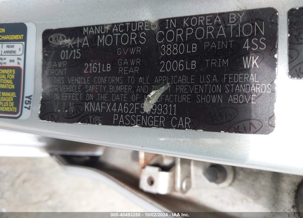 2015 KIA FORTE LX VIN: KNAFX4A62F5399311