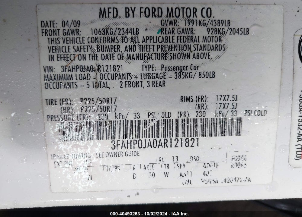 2010 FORD FUSION SEL VIN: 3FAHP0JA0AR121821