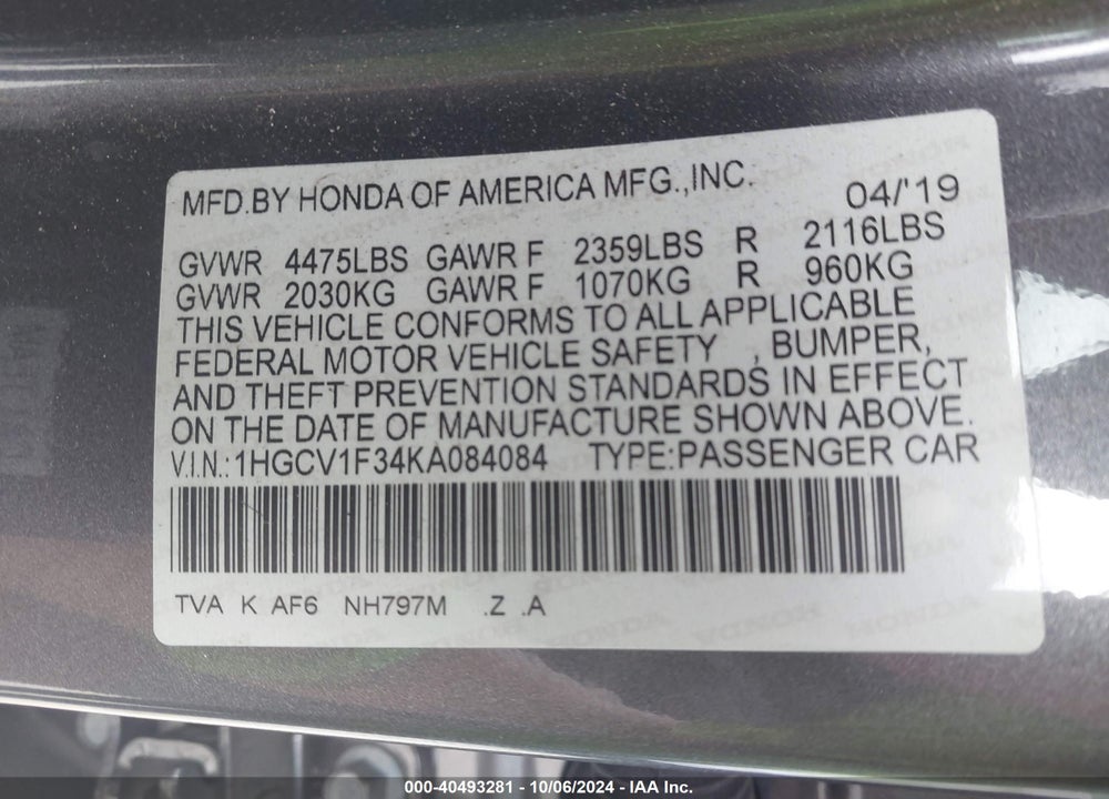 2019 HONDA ACCORD SPORT VIN: 1HGCV1F34KA084084