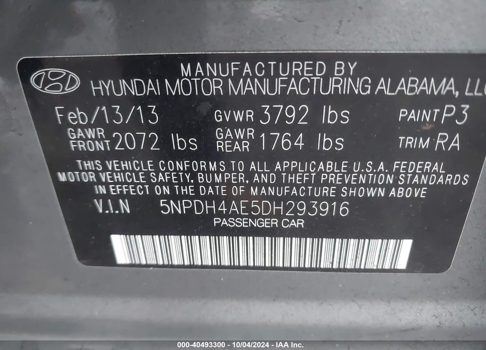 2013 HYUNDAI ELANTRA GLS VIN: 5NPDH4AE5DH293916