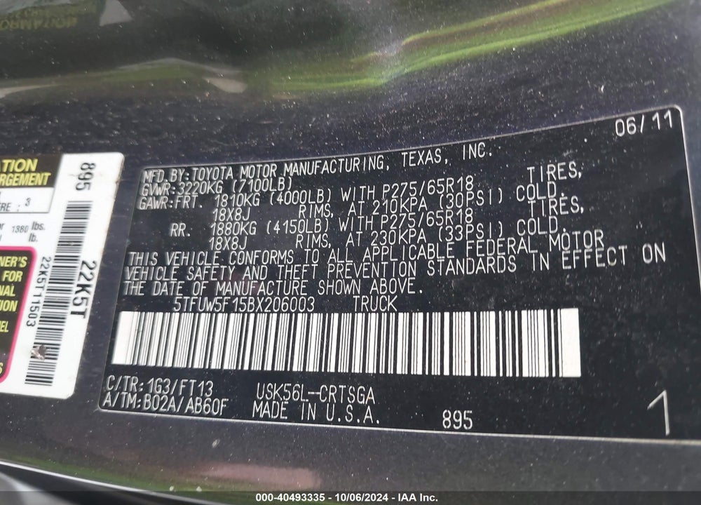 2011 TOYOTA TUNDRA GRADE 5.7L V8 VIN: 5TFUW5F15BX206003