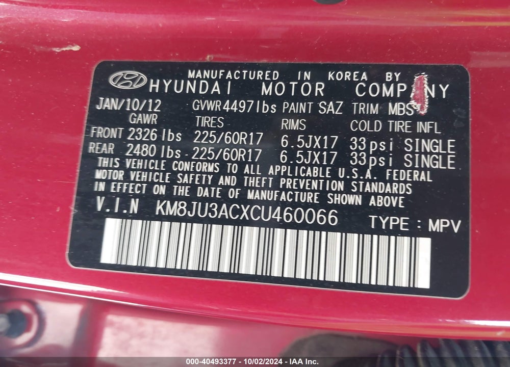 2012 HYUNDAI TUCSON GLS VIN: KM8JU3ACXCU460066
