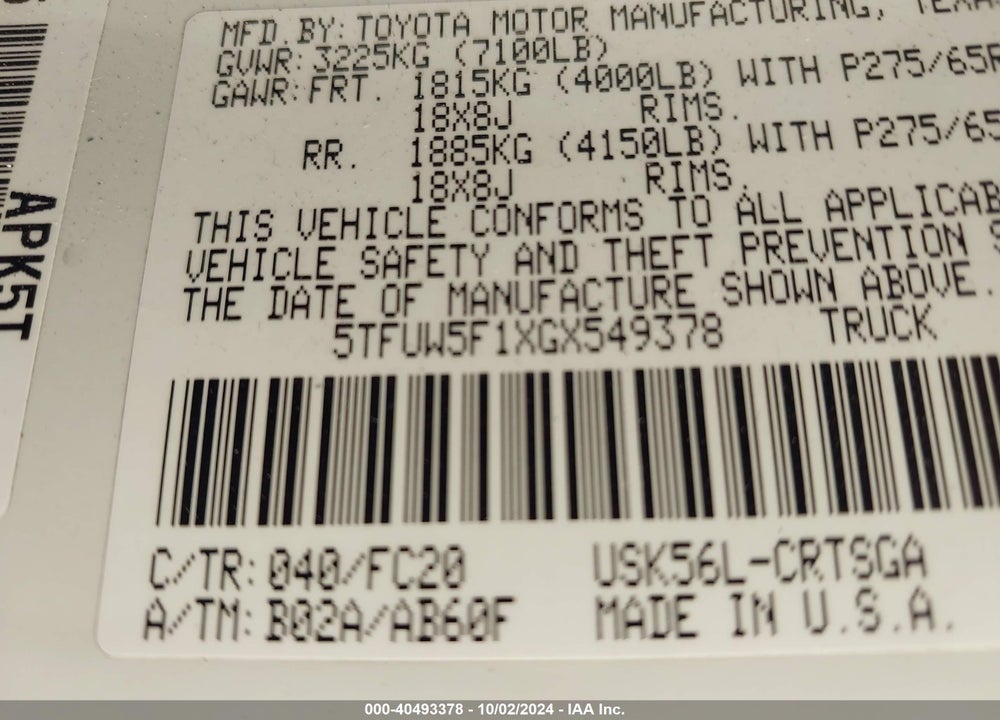 2016 TOYOTA TUNDRA SR5 5.7L V8 VIN: 5TFUW5F1XGX549378