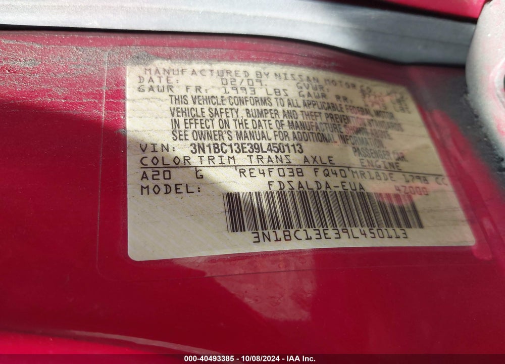 2009 NISSAN VERSA 1.8S VIN: 3N1BC13E39L450113