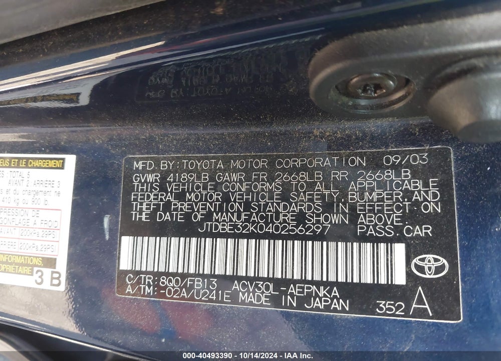 2004 TOYOTA CAMRY LE VIN: JTDBE32K040256297