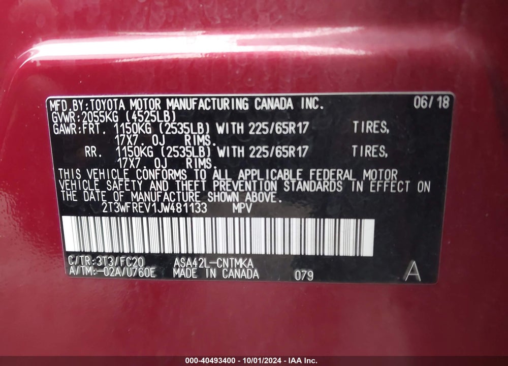 2018 TOYOTA RAV4 XLE VIN: 2T3WFREV1JW481133