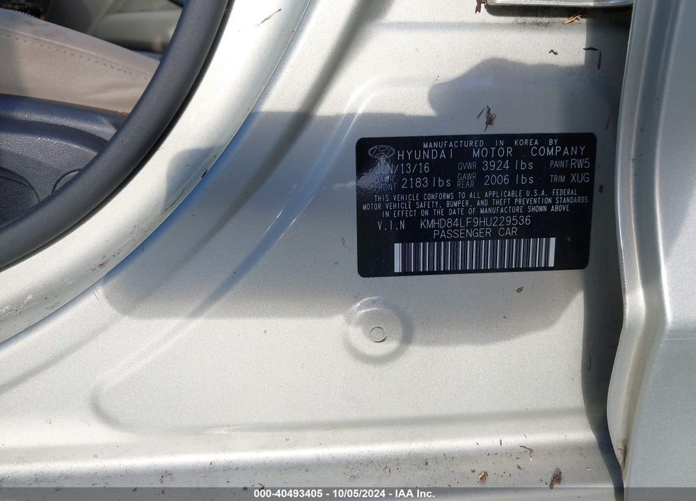 2017 HYUNDAI ELANTRA SE VIN: KMHD84LF9HU229536