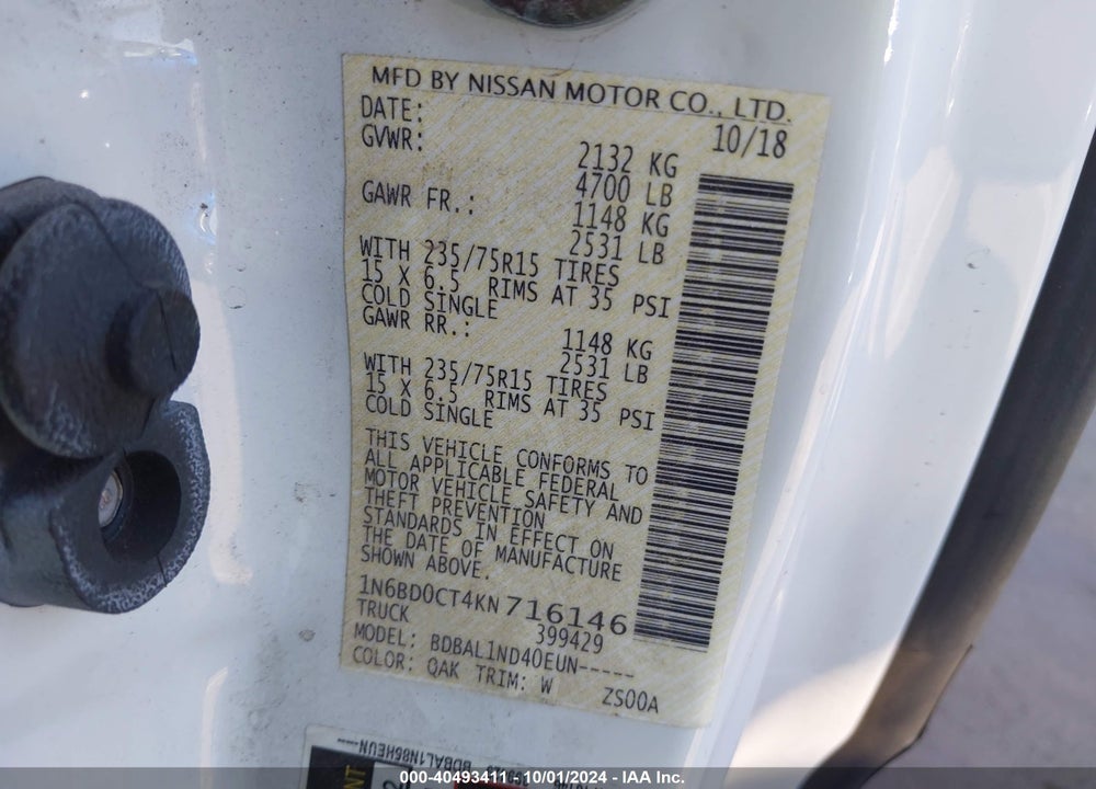 2019 NISSAN FRONTIER S VIN: 1N6BD0CT4KN716146