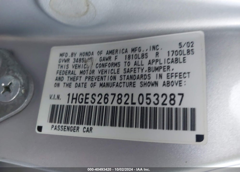 2002 HONDA CIVIC EX VIN: 1HGES26782L053287