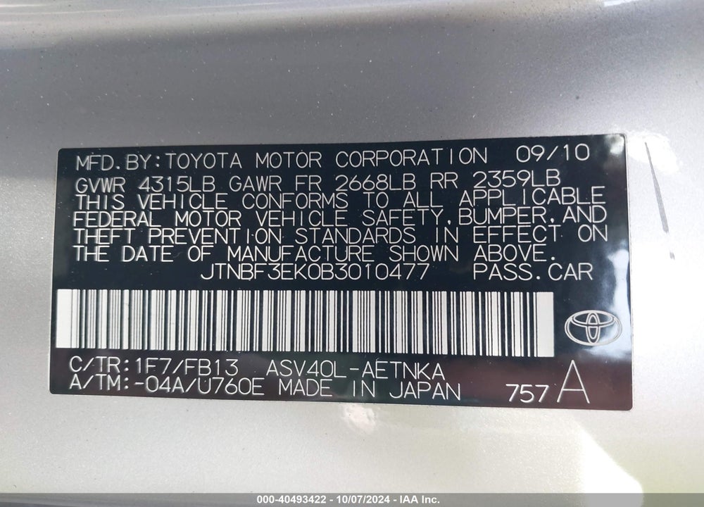 2011 TOYOTA CAMRY LE VIN: JTNBF3EK0B3010477