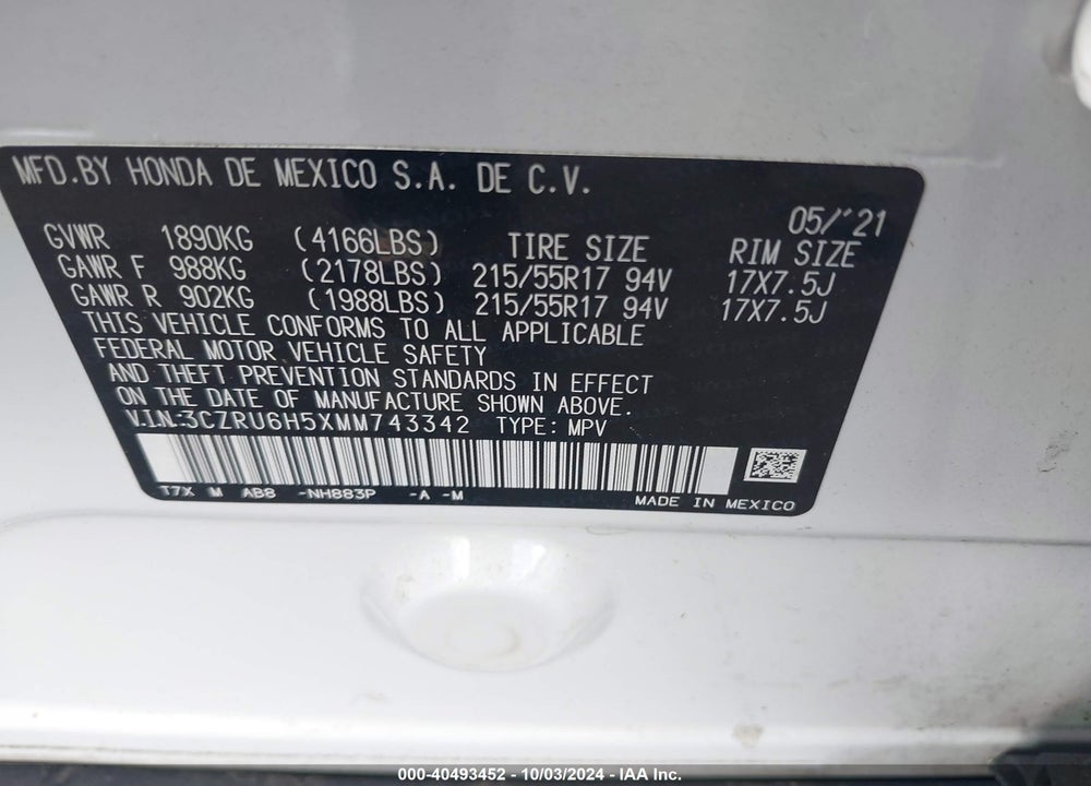 2021 HONDA HR-V VIN: 3CZRU6H5XMM743342