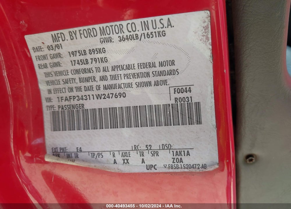 2001 FORD FOCUS SE VIN: 1FAFP34311W247690