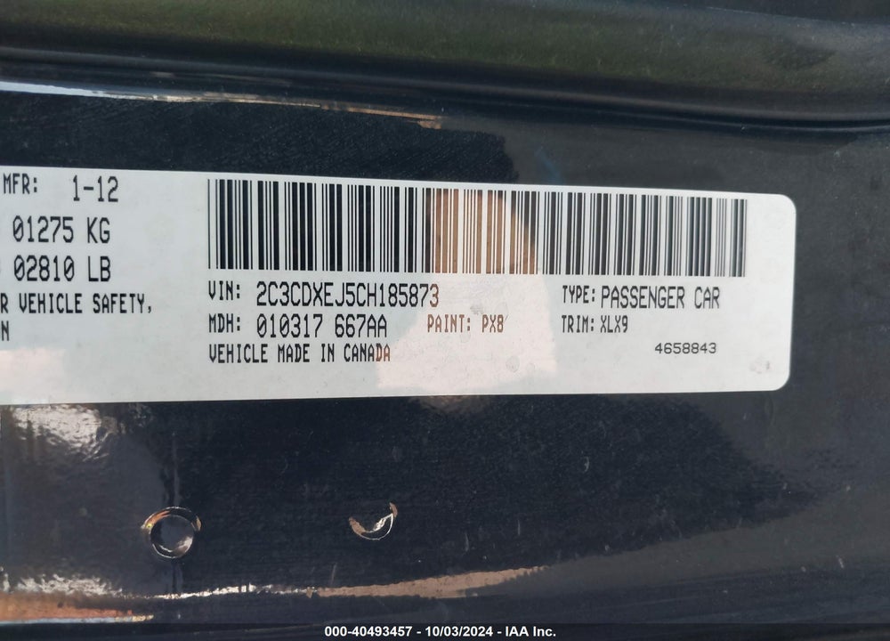 2012 DODGE CHARGER SRT8 VIN: 2C3CDXEJ5CH185873