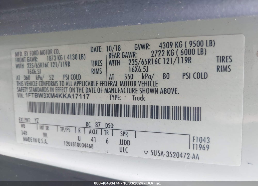 2019 FORD TRANSIT-350 VIN: 1FTBW3XM4KKA17117