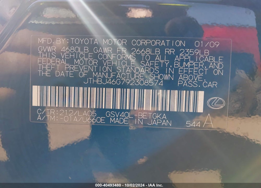 2009 LEXUS ES 350 VIN: JTHBJ46G792308574