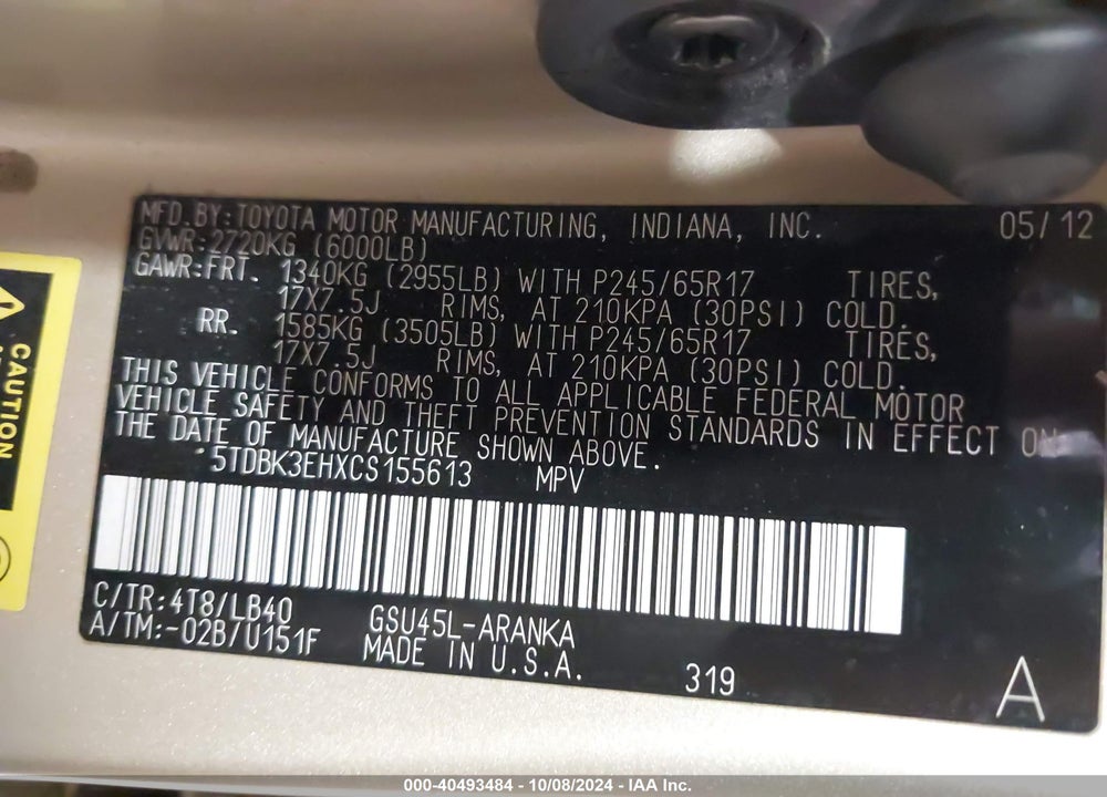 2012 TOYOTA HIGHLANDER SE V6 VIN: 5TDBK3EHXCS155613
