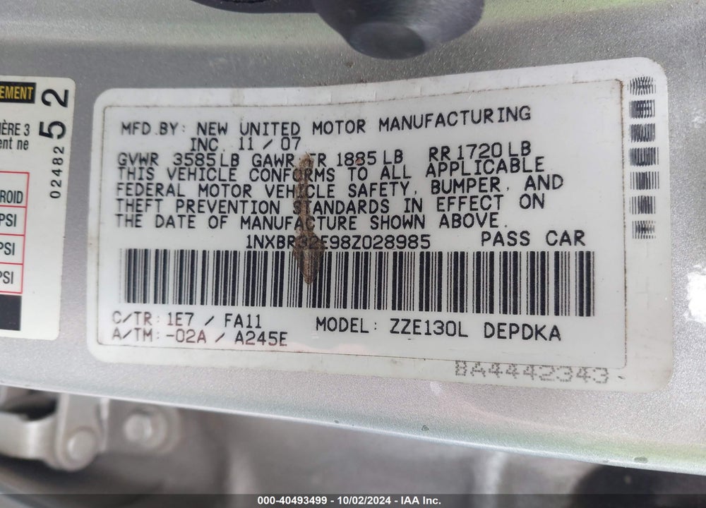 2008 TOYOTA COROLLA CE VIN: 1NXBR32E98Z028985