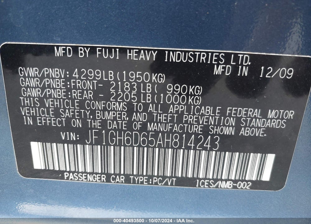 2010 SUBARU IMPREZA OUTBACK SPORT VIN: JF1GH6D65AH814243