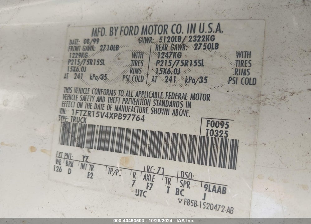 1999 FORD RANGER XL/XLT VIN: 1FTZR15V4XPB97764