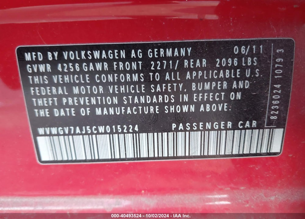 2012 VOLKSWAGEN GTI 4-DOOR VIN: WVWGV7AJ5CW015224