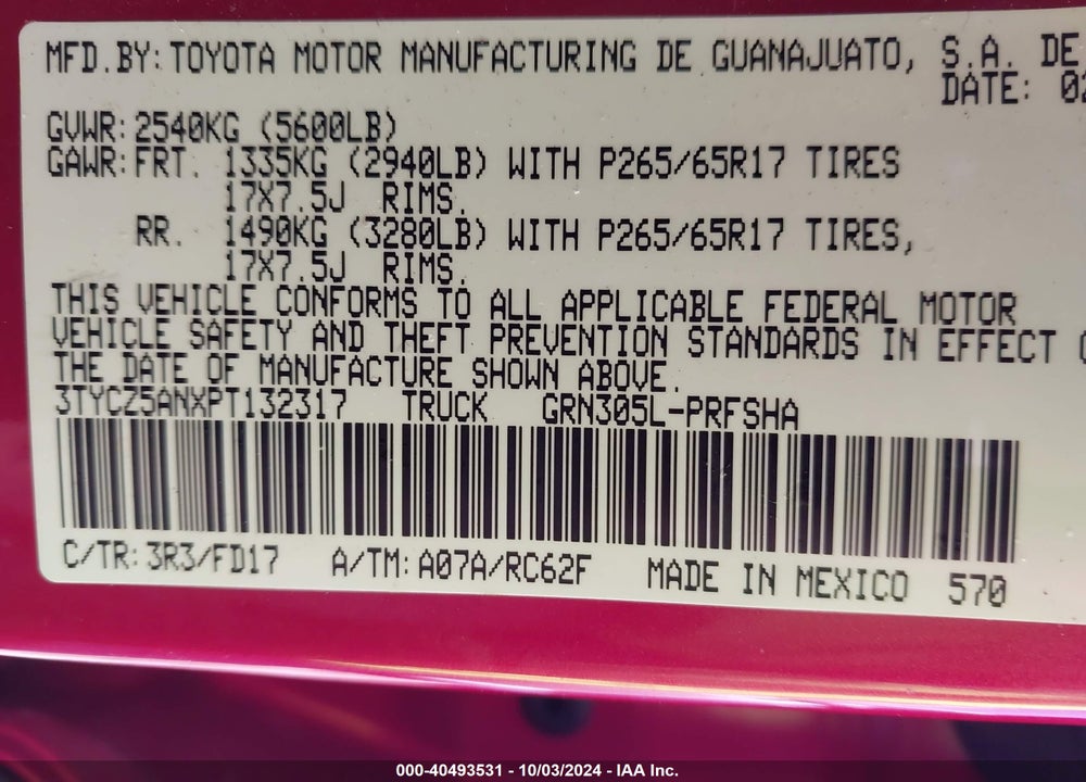 2023 TOYOTA TACOMA TRD SPORT VIN: 3TYCZ5ANXPT132317