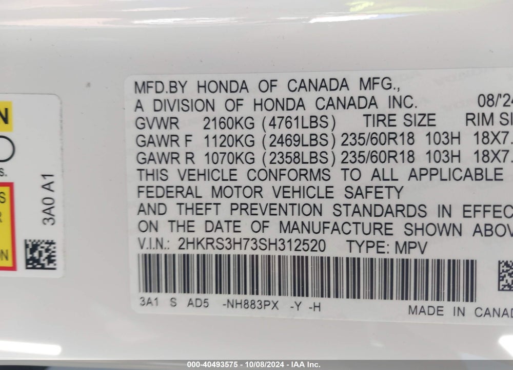 2025 HONDA CR-V EX-L 2WD VIN: 2HKRS3H73SH312520